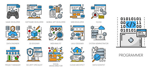 Web development color line icons. IT specialist, career and job vacancy vector symbols of programmer, tester, game, software and app developer, system administrator, data engineer and UI designer