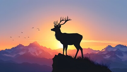 Wall Mural - Serene sunset mountainscape featuring a deer silhouette in a captivating vector design