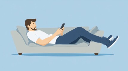 Wall Mural - A minimalist vector of a player sitting on a couch with their phone in hand while solving a word puzzle game Large space for text in center Stock Photo with copy space