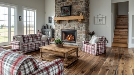 Wall Mural - Cozy farmhouse-inspired living room with a stone fireplace