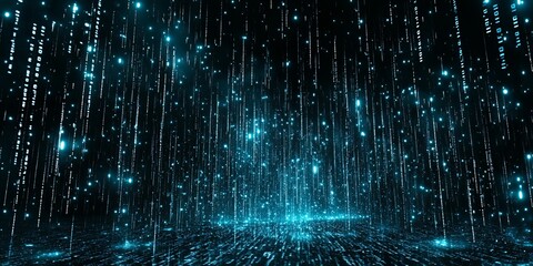 Abstract digital rain with glowing blue particles