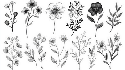 Wall Mural - Trendy set of black silhouettes of flowers on a white background, made with ink, rough brushstrokes. Generative AI