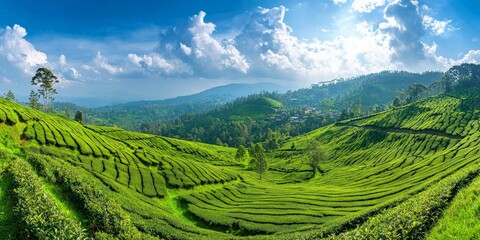 A panoramic view of a scenic tea plantation, with neat rows of tea bushes following the contours of the land