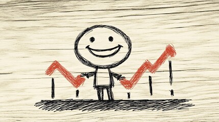 Wall Mural - A vector illustration of a cartoon character pulling a rising economic graph line upward from the ground while smiling in determination Large space for text in center Stock Photo with copy space