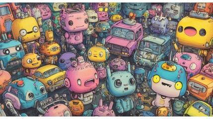 Wall Mural - Cute Cartoon Characters and Colorful Cars in Doodle Style, pattern design