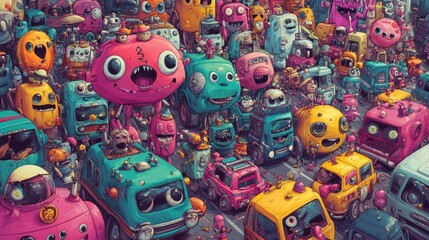 Wall Mural - Cute Cartoon Characters and Colorful Cars in Doodle Style, pattern design