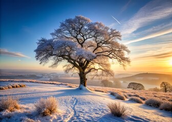 Frozen winter morning scene featuring a snow-covered ancient tree dominating a desolate rural landscape with a distant misty horizon.