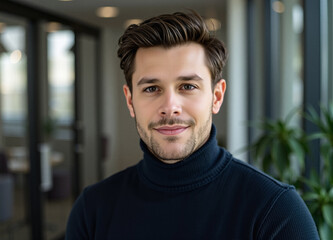 job search, business casual wear turtleneck, mature team leader plans, subtle background afternoon, natural lighting