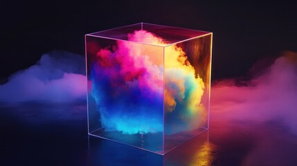 Wall Mural - A Glass Cube Containing Multicolored Smoke in a Dark Environment