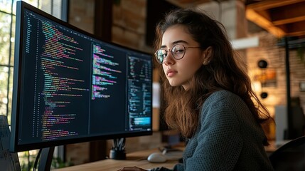 Woman Working on Computer with Coding Display