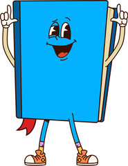 Poster - Book groovy character. Isolated cartoon vector school notebook with blue cover, bookmark showing pointing gesture with fingers up. Lively textbook personage with big expressive eyes and cheerful smile