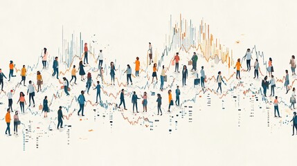 Wall Mural - A vector-style group of cartoon people pulling together on a rising stock market line representing cooperation in economic improvement Large space for text in center Stock Photo with copy space