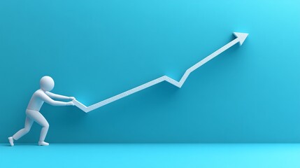 Wall Mural - A 3D-rendered character pulling a large upward stock graph line with a smile showing the struggle to raise the economy Large space for text in center Stock Photo with copy space