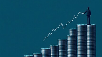 Wall Mural - A digital art vector featuring a single cartoon businessman pulling the upward line of a financial chart as he stands on a stack of coins Large space for text in center Stock Photo with copy space