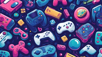 Wall Mural - Cartoon Vector Pattern Design with Game Controllers, Video Games, and Toys