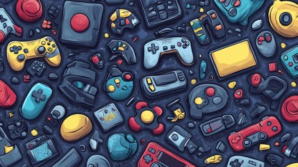 Wall Mural - Cartoon Vector Pattern Design with Game Controllers, Video Games, and Toys