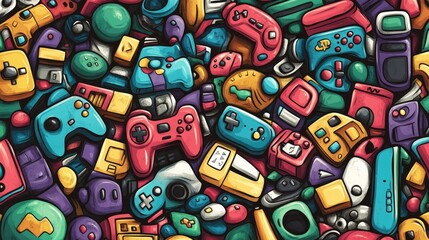 Poster - Cartoon Vector Pattern Design with Game Controllers, Video Games, and Toys