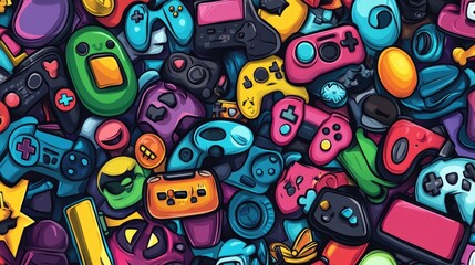 Sticker - Cartoon Vector Pattern Design with Game Controllers, Video Games, and Toys