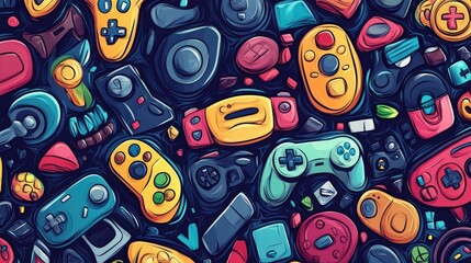 Wall Mural - Cartoon Vector Pattern Design with Game Controllers, Video Games, and Toys