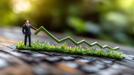 Wall Mural - A 3D cartoon figure pulling an economic graph line upward while standing on a large green arrow representing economic recovery Large space for text in center Stock Photo with copy space