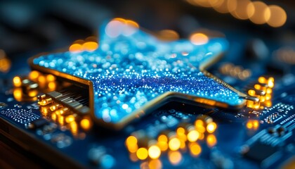 Illuminated blue star-shaped circuit board with golden connectors, radiating warmth and symbolizing technological innovation and success