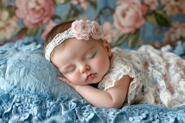 Newborn baby girl sleeping on blue sheets, Generative AI