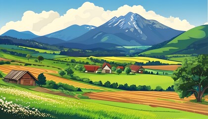 Wall Mural - Charming countryside scene featuring expansive fields set against a picturesque mountain backdrop in a vibrant vector illustration