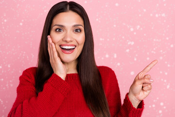 Poster - Photo of hooray brunette lady point empty space wear red sweater isolated on pink color background