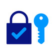 © Hakim - Lock icon in dark blue with key in light blue, check mark on lock for security verification, representing privacy, secure access, and data protection, simple flat design.