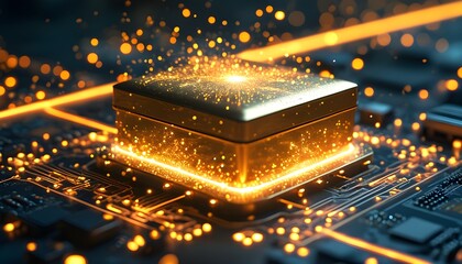 Illuminated golden box on a circuit board radiating warmth and energy, embodying power and limitless potential