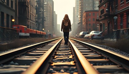 Wall Mural - Urban scene of a man walking along train tracks amidst city surroundings