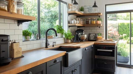 Wall Mural - Modern luxury farmhouse kitchen with black matte appliances