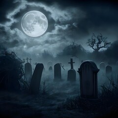 full moon over a spooky fog filled graveyard