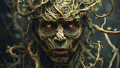 Eerie glowing face of twisted vines and branches, embodying grotesque monstrosity amidst natures shadows.