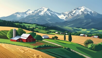 Wall Mural - Charming countryside scene showcasing mountains and idyllic farmhouses in a vibrant vector illustration