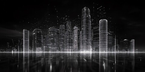 Wall Mural - wireframe city skyline with digital connections and reflection.