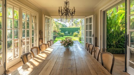 Wall Mural - Spacious dining room with an elegant long wooden table