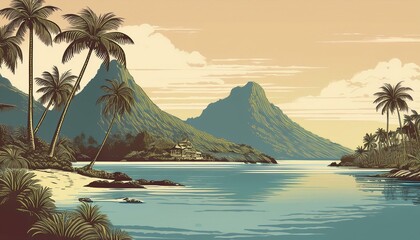 Vintage illustration of French Polynesia tropical islands with palm trees. Tropical sandy ocean beach with palm trees vintage toned with film distress flare. 