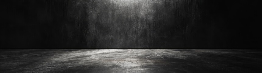 Wall Mural - This is a panoramic view of concrete flooring and walls on an empty dark room, used as a product display space.