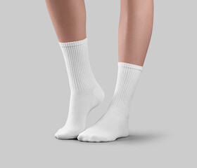 Poster - Template of white long socks on women's legs, one foot with stretched toes, side view, for design, branding, pattern.