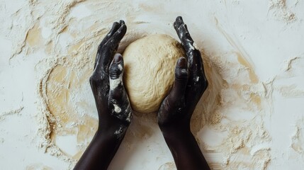 top view of black woman’s hands kneading dough on a white background, showcasing natural beauty and strength in food preparation with a minimalist, bright kitchen setup