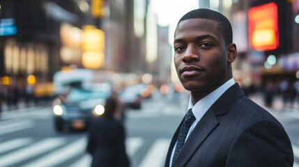 A well-dressed man stands confidently in an urban crosswalk, surrounded by the lively atmosphere of city traffic and bright signs. The evening light enhances the dynamic scene as pedestrians pass by.