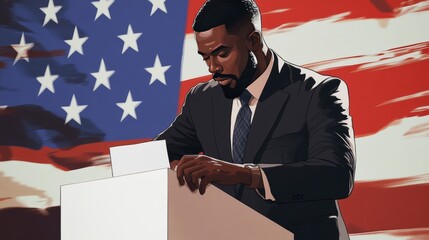 illustration of an african american man with short hair and a beard, casting his vote into a ballot box with a focus on his hands, against the backdrop of the us flag with space for text