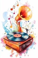 Poster - Vintage Watercolor Record Player with Music Notes.