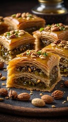 Baklava, traditional Greek pastry made with layers of phyllo dough filled with chopped walnuts and soaked in sweet syrup. Baklava golden brown in color and garnished with chopped pistachios