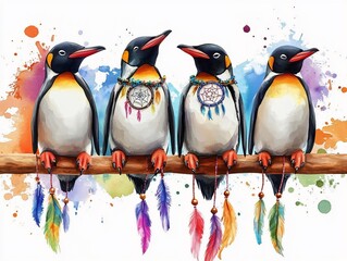 Wall Mural - Bohemian Penguins with Dreamcatchers.