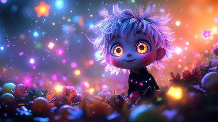 An enchanting 3D vampire with pastel hair, sporting a joyful expression, floating amid colorful candies and sparkling stars in a light-hearted Halloween scene.