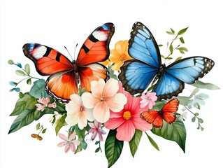 Poster - Watercolor Butterflies and Flowers Bouquet.