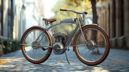 Canvas Print - Vintage Chrome Motorized Bicycle on Cobblestone Street