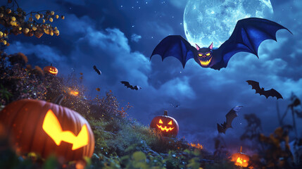 Wall Mural - An adorable 3D vampire with fangs gliding over a moonlit landscape, accompanied by shining pumpkins and swooping bats, evoking a sense of Halloween magic.